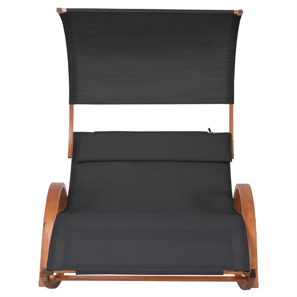 Outdoor Cedar Wood Patio Lounge Daybed with Black Textilene Fabric & Canopy