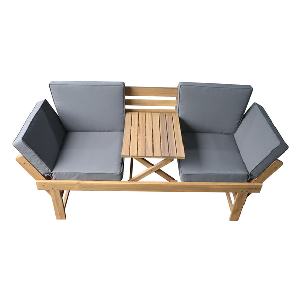Outdoor Acacia Wood Patio Bench/Lounge Chair with Fold Down Center Table & Side Panels