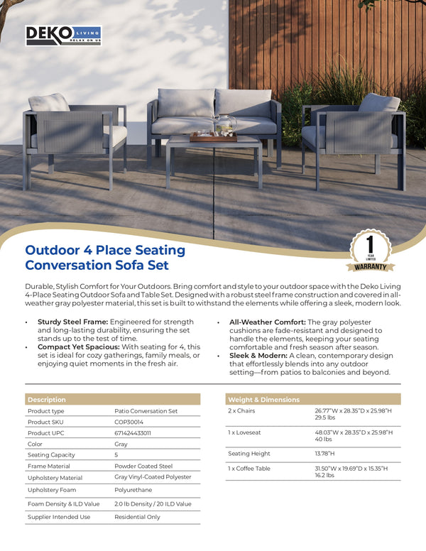4 Place Seating Outdoor Gray Sofa and Table Set
