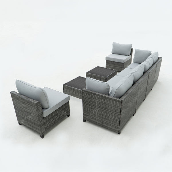 8 Piece Gray Outdoor Sectional Wicker Sofa Chairs and Tables  with Interchangable Blue and Gray Cushion Covers