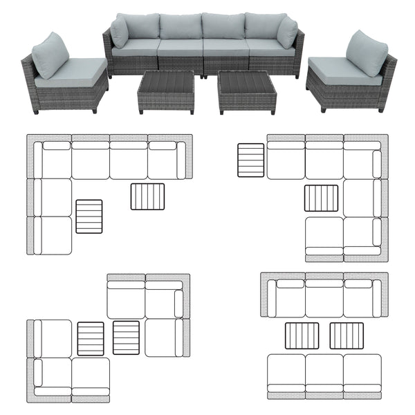 8 Piece Gray Outdoor Sectional Wicker Sofa Chairs and Tables  with Interchangable Blue and Gray Cushion Covers