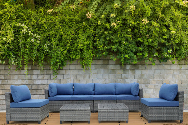 8 Piece Gray Outdoor Sectional Wicker Sofa Chairs and Tables  with Interchangable Blue and Gray Cushion Covers