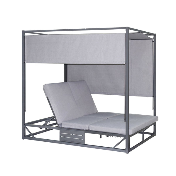 2 Place Outdoor Aluminum Rectangular Patio Daybed with Retractable Gray Textilene Fabric Canopy