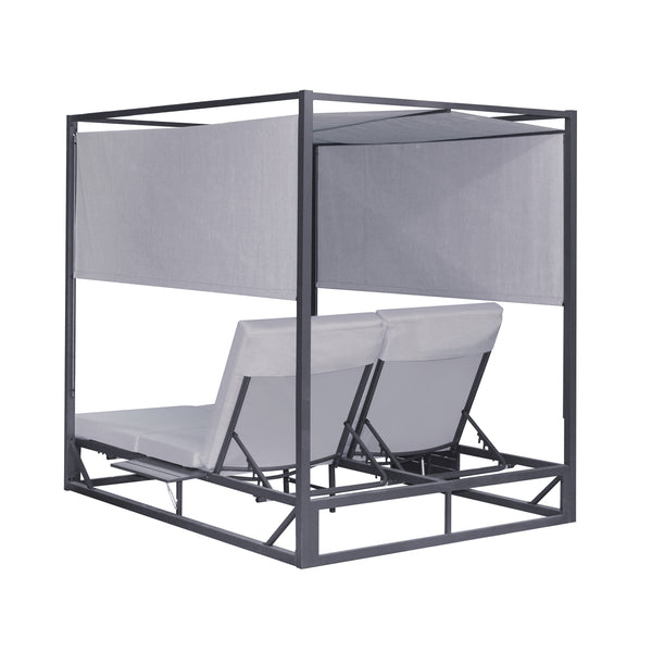 2 Place Outdoor Aluminum Rectangular Patio Daybed with Retractable Gray Textilene Fabric Canopy