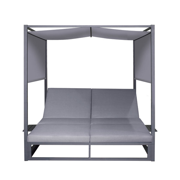 2 Place Outdoor Aluminum Rectangular Patio Daybed with Retractable Gray Textilene Fabric Canopy