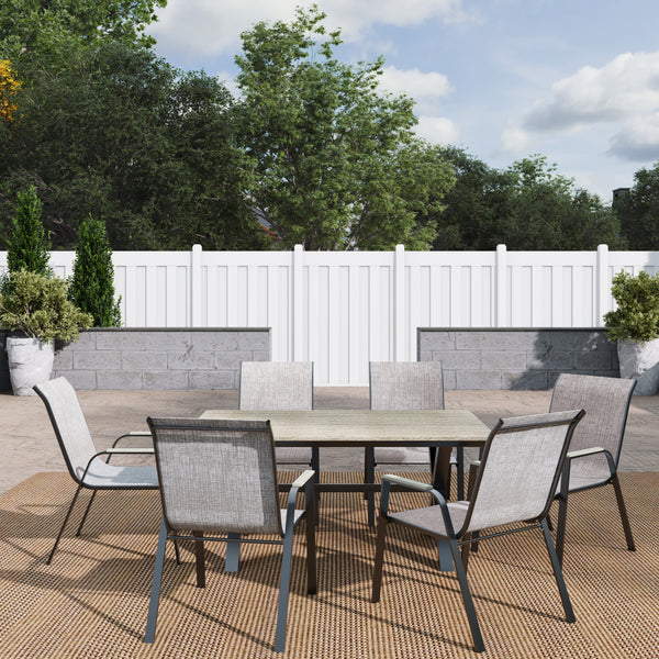 6 Place Seating Outdoor Aluminum Patio Dining Table Set and Chairs with Brown Textilene Fabric