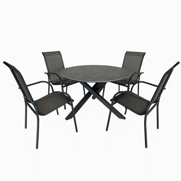 4 Place Seating   Grey Outdoor Aluminum Round Patio Dining Table and Stackable Chairs Set