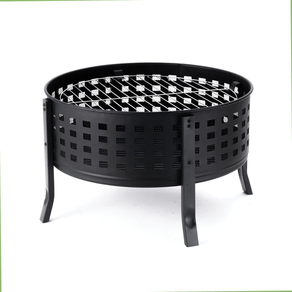 27 Inch Round Outdoor Steel Wood Burning Fire Pit with Cooking Grill and Spark Screen