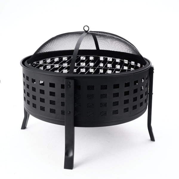 27 Inch Round Outdoor Steel Wood Burning Fire Pit with Cooking Grill and Spark Screen