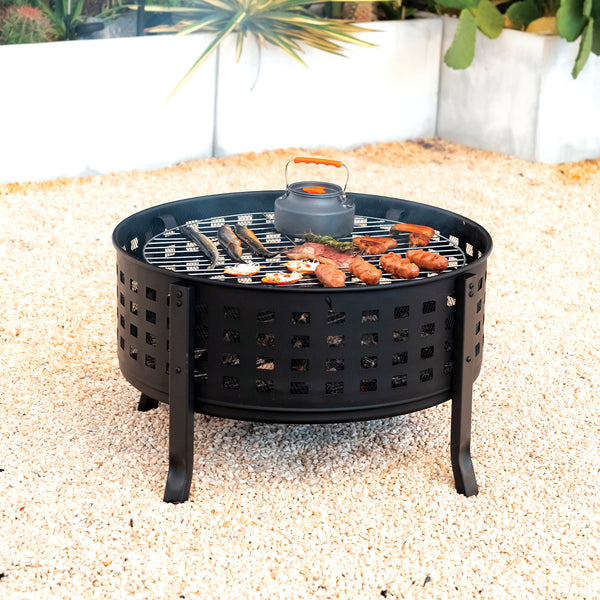 27 Inch Round Outdoor Steel Wood Burning Fire Pit with Cooking Grill and Spark Screen