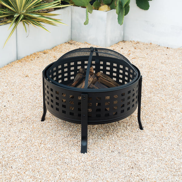27 Inch Round Outdoor Steel Wood Burning Fire Pit with Cooking Grill and Spark Screen