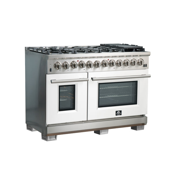Forno Capriasca 48-Inch Freestanding Dual Fuel Range, 8 Burners, True Convection Oven, White Doors