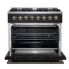 Forno Galiano 36-inch Dual Fuel Range in Black & Antique Brass Design, 6 Sealed Burners 83,000 BTU, 5.36 cu.ft. True Convection Oven
