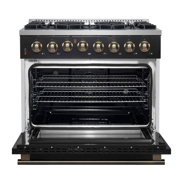 Forno Galiano 36-inch Dual Fuel Range in Black & Antique Brass Design, 6 Sealed Burners 83,000 BTU, 5.36 cu.ft. True Convection Oven