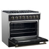 Forno Galiano 36-inch Dual Fuel Range in Black & Antique Brass Design, 6 Sealed Burners 83,000 BTU, 5.36 cu.ft. True Convection Oven
