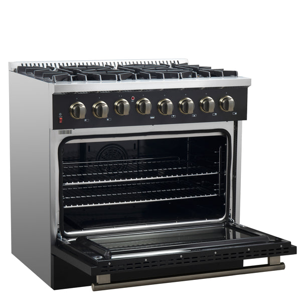 Forno Galiano 36-inch Dual Fuel Range in Black & Antique Brass Design, 6 Sealed Burners 83,000 BTU, 5.36 cu.ft. True Convection Oven