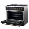 Forno Galiano 36-inch Dual Fuel Range in Black & Antique Brass Design, 6 Sealed Burners 83,000 BTU, 5.36 cu.ft. True Convection Oven