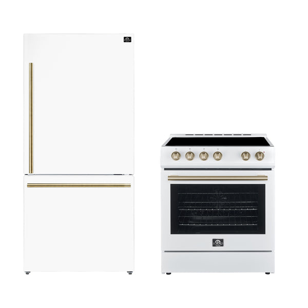 FORNO Premium 2-Piece Kitchen Bundle - Leonardo Espresso 30" White Range, 31" White Bottom Freezer Refrigerator - FBDL-003-03US