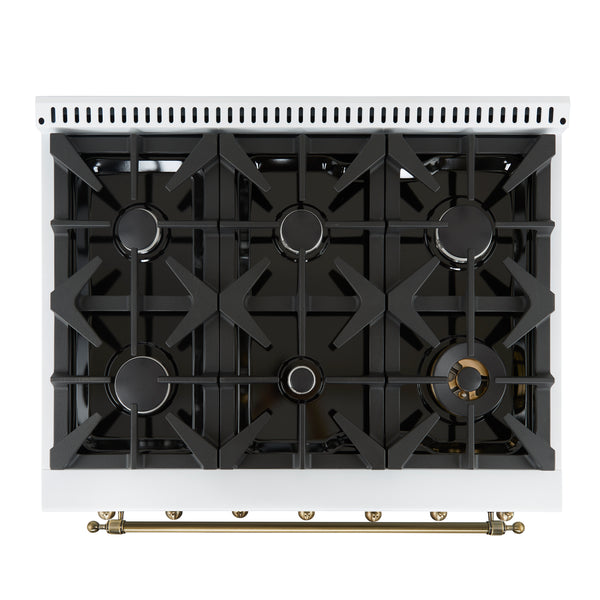 Forno Antico 36-Inch Freestanding Gas Range, White, Antique Brass Design, 6 Burners, Convection Oven, Energy Efficient
