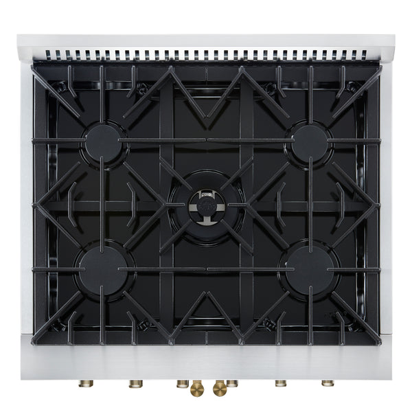 Forno Galiano 30-inch French Door Gas RangeWhite with Antique Brass Design, 5 Burners,68,000 BTU, 4.32 cu.ft. Convection Oven