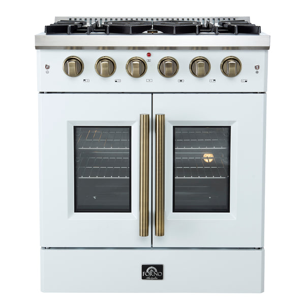Forno Galiano 30-inch French Door Gas RangeWhite with Antique Brass Design, 5 Burners,68,000 BTU, 4.32 cu.ft. Convection Oven