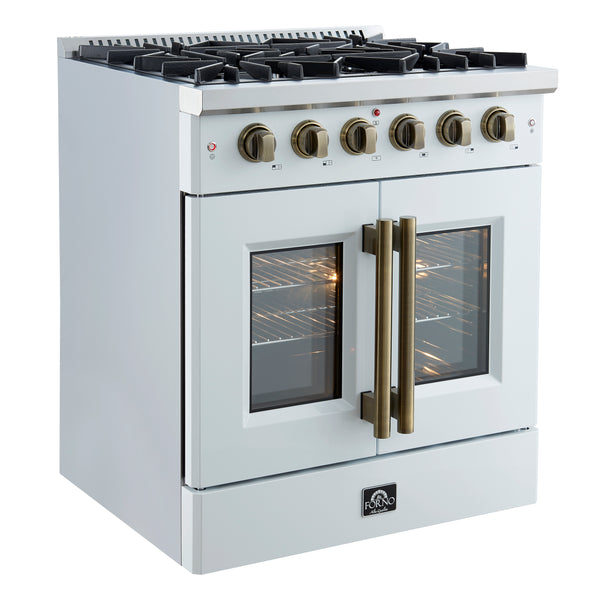 Forno Galiano 30-inch French Door Gas RangeWhite with Antique Brass Design, 5 Burners,68,000 BTU, 4.32 cu.ft. Convection Oven