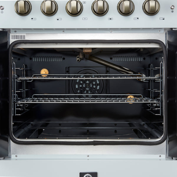 Forno Galiano 30-inch French Door Gas RangeWhite with Antique Brass Design, 5 Burners,68,000 BTU, 4.32 cu.ft. Convection Oven