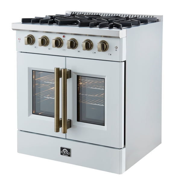 Forno Galiano 30-inch French Door Gas RangeWhite with Antique Brass Design, 5 Burners,68,000 BTU, 4.32 cu.ft. Convection Oven