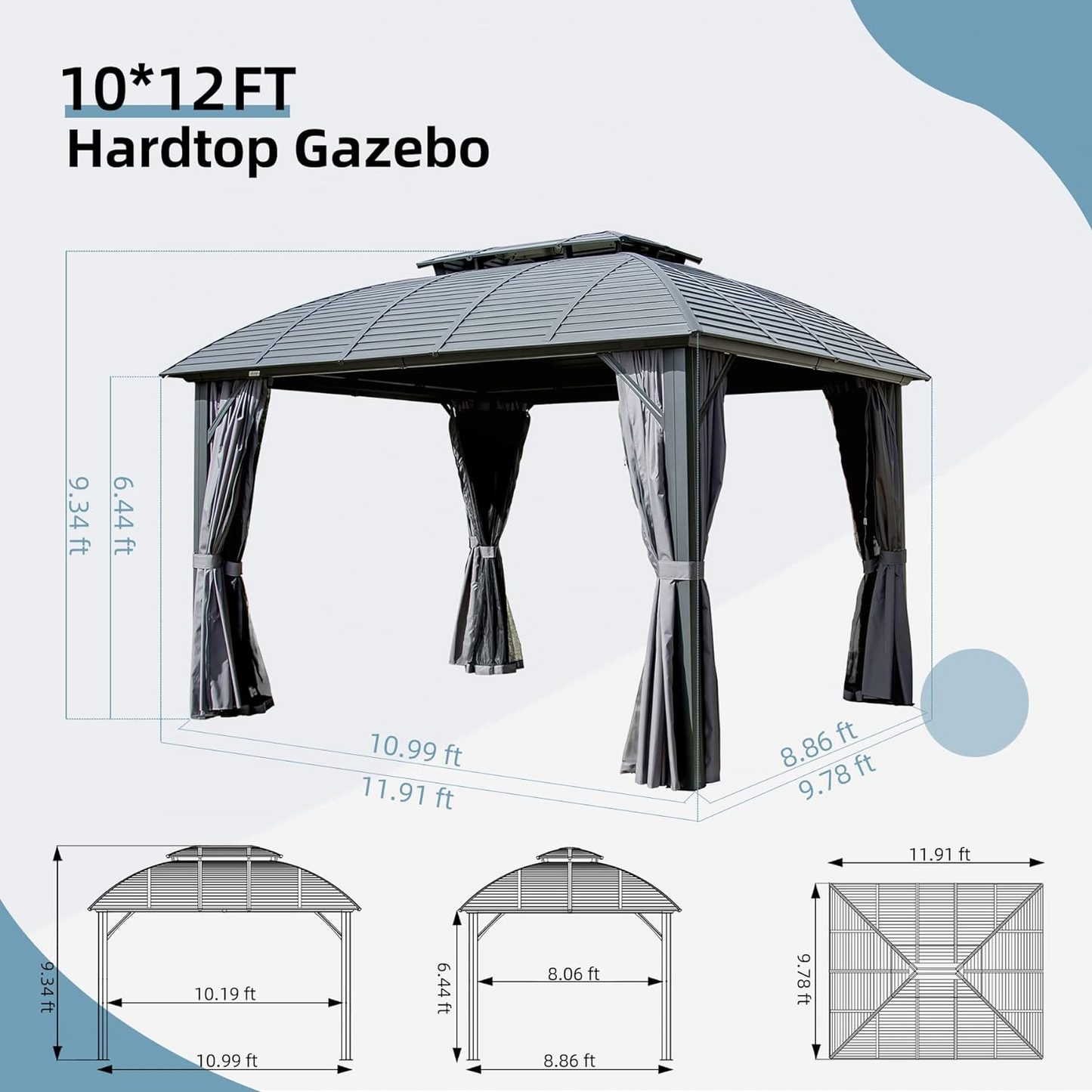 Outdoor Gazebo 10 x 12 ft, Hardtop Gazebo with Aluminum Frame