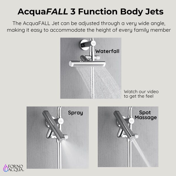 Forno Acqua AcquaFALL Shower, Polished Stainless Steel Finish, Overhead Rainfall Shower, 7 Way Diverter, Handheld Shower Head, Body Jets, 1.8 GPM Flow Rate