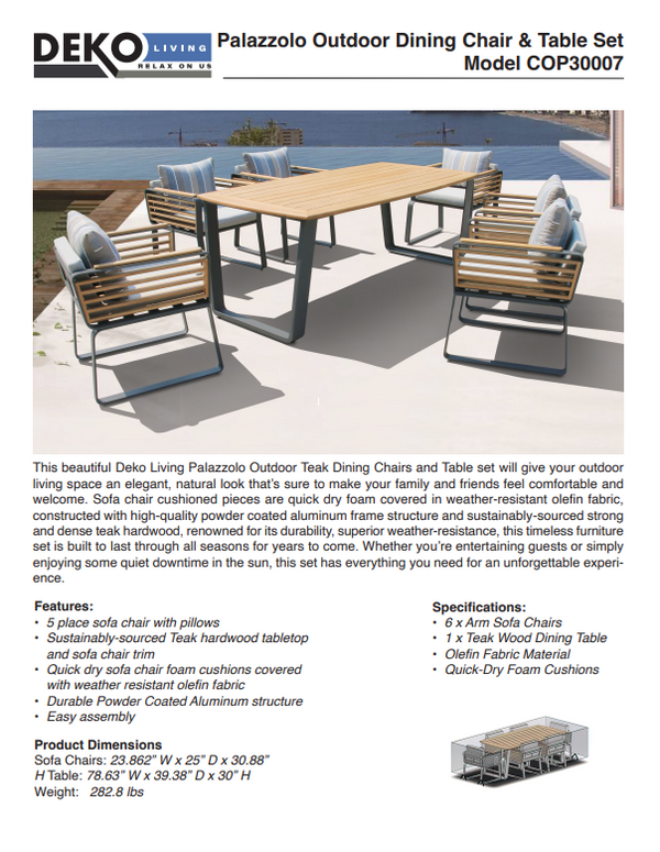 6 Place Seating Palazzolo Outdoor Teak Patio Dining Table Set and Cushioned Chairs