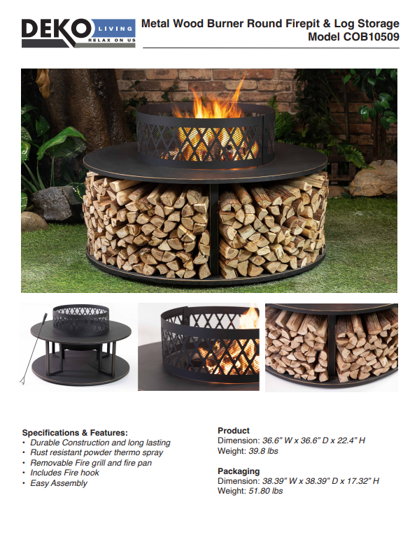 38 Inch Diameter Outdoor Steel Wood Burning Fire Pit with Log Storage, Poker and Screen Lid