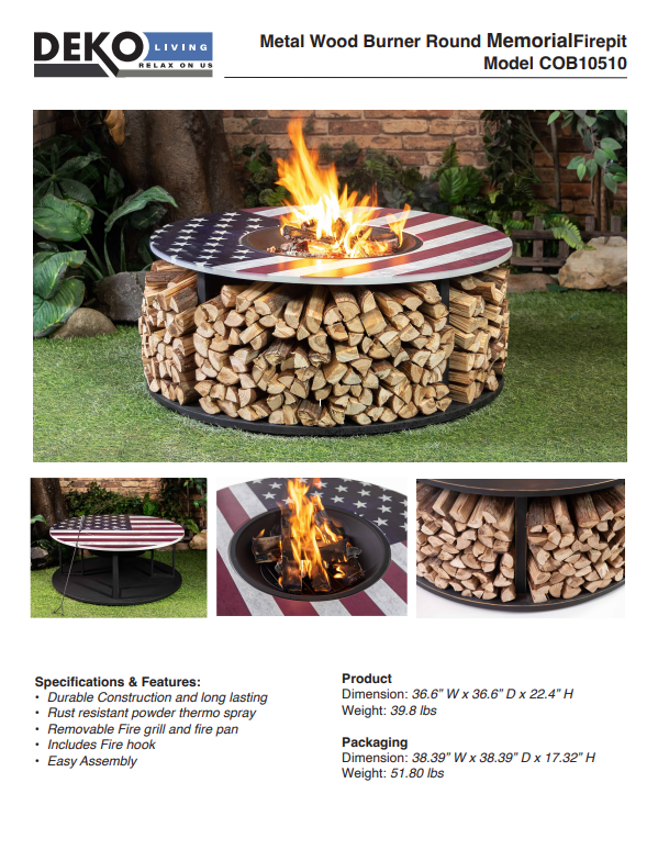 38 Inch Diameter Commemorative Outdoor Steel Wood Burning Fire Pit with Log Storage, Poker and Screen Lid