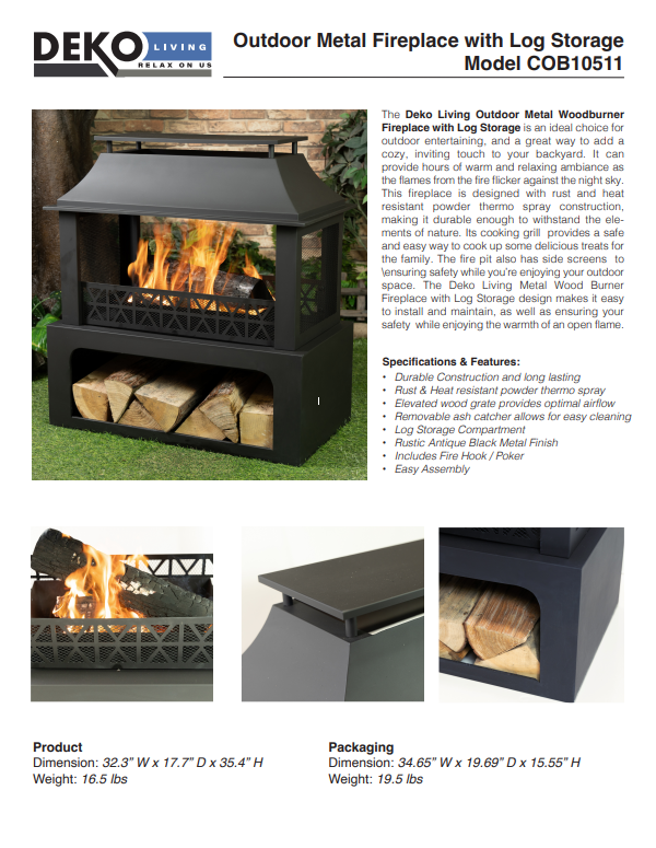 36 Inch Rectangular Outdoor Steel Wood Burning Fireplace with Log Storage Compartment and Poker