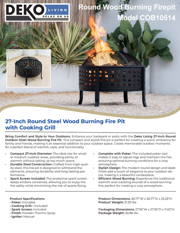 27 Inch Round Outdoor Steel Wood Burning Fire Pit with Cooking Grill and Spark Screen