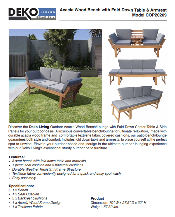 Outdoor Acacia Wood Patio Bench/Lounge Chair with Fold Down Center Table & Side Panels