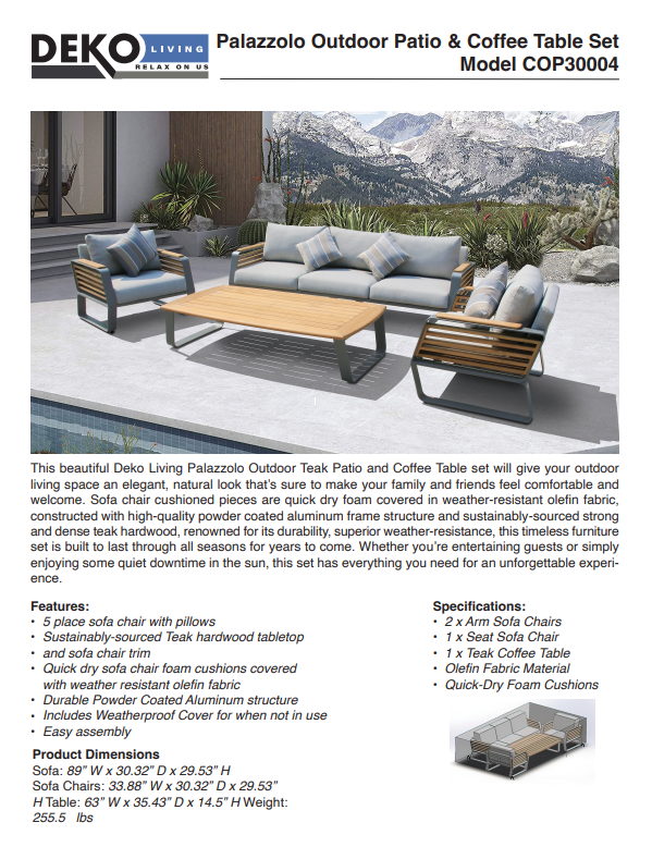 5 Place Seating Palazzolo Outdoor Teak Patio Conversation Set with Cushioned Chairs and Coffee Table