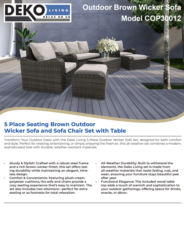 5 Place Seating Brown Outdoor Wicker Sofa and Sofa Chair Set with Table