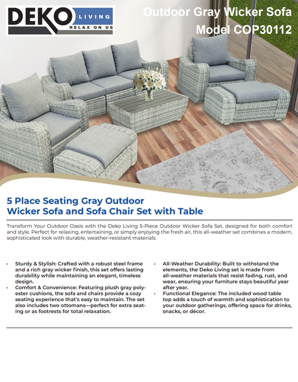 5 Place Seating Gray Outdoor Wicker Sofa and Sofa Chair Set with Table