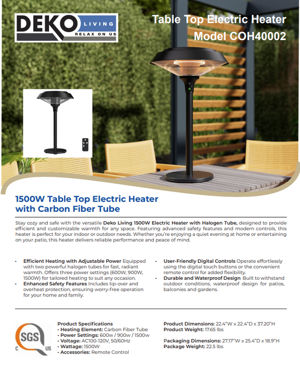 1500W Table Top Electric Heater with Carbon Fiber Tube
