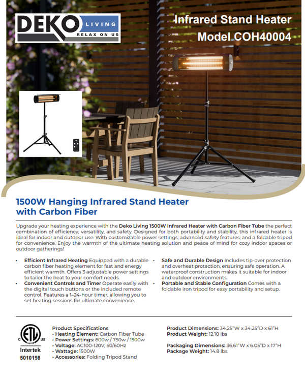 1500W Hanging Infrared Stand Heater with Carbon Fiber