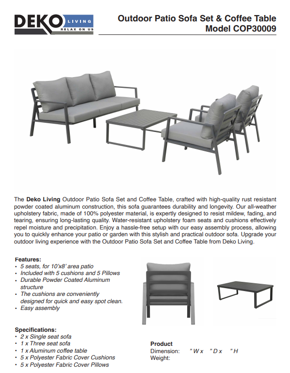5 Place Seating Outdoor Patio Conversation Set with Coffee Table