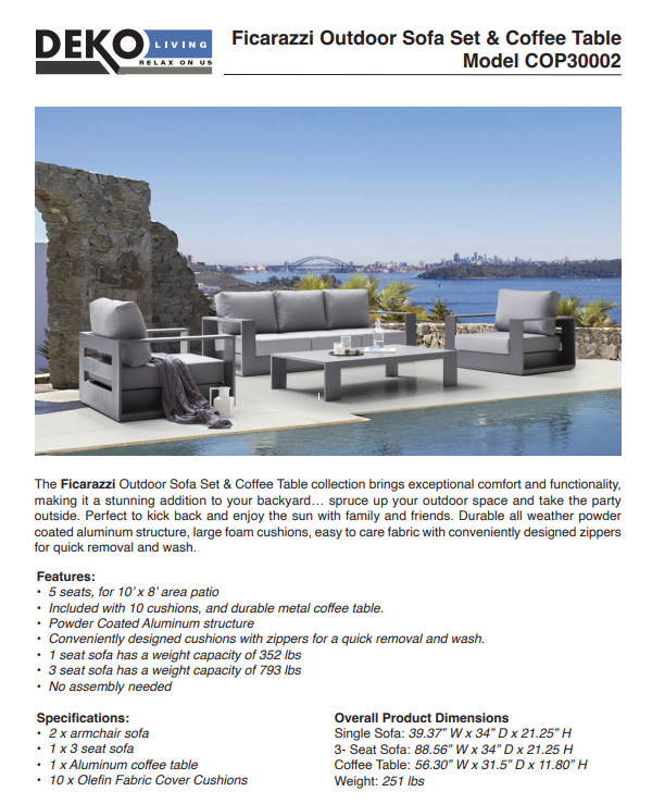 5 Place Seating Ficarazzi Outdoor Conversation Sofa Set with Coffee Table