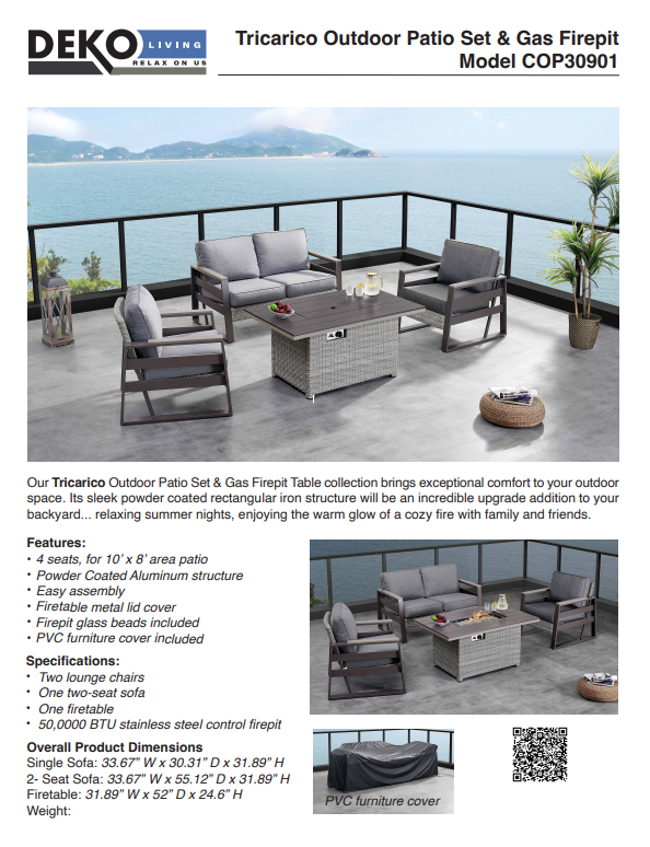 4 Place Seating Tricarico Outdoor Aluminum Sofa Conversation Set with Propane Gas Firepit Table