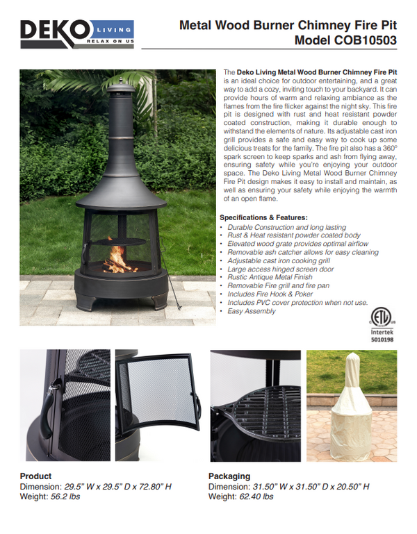 30 Inch Diameter Outdoor Steel Wood Burning Chimney Firepit with Cast Iron Cooking Grill and Poker