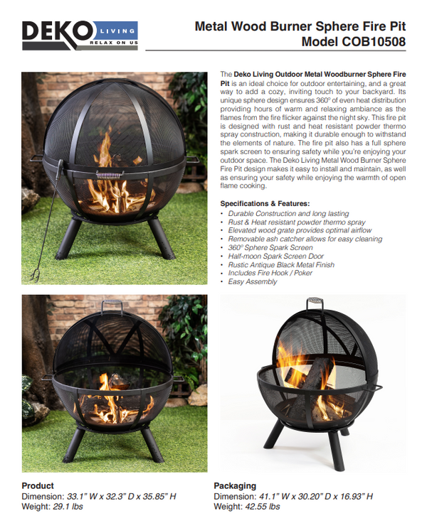 34 Inch Diameter Outdoor Steel Wood Burning Sphere Fire Pit with Screen Lid and Poker