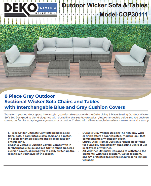 8 Piece Gray Outdoor Sectional Wicker Sofa Chairs and Tables  with Interchangable Blue and Gray Cushion Covers