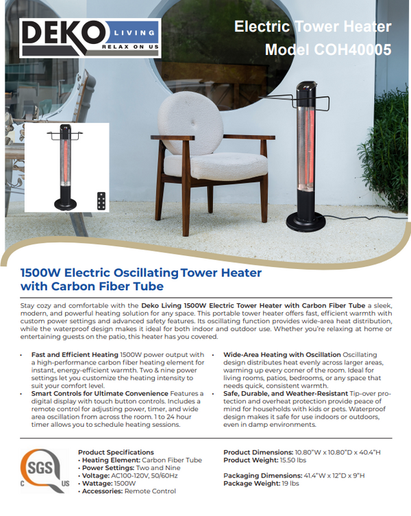 1500W Electric Tower Heater with Carbon Fiber Tube