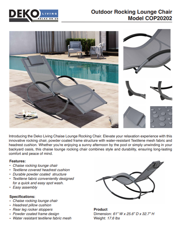 Outdoor Rocking Chaise Textilene Lounge Chair with Headrest Pillow