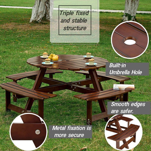 Natural Wooden Round Picnic Table For 8 person 02